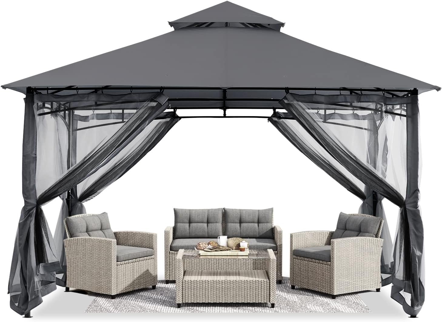 ABCCANOPY 8x8 Gazebo The gazebo is set up in the backyard with netting for protection from insects and sun exposure.