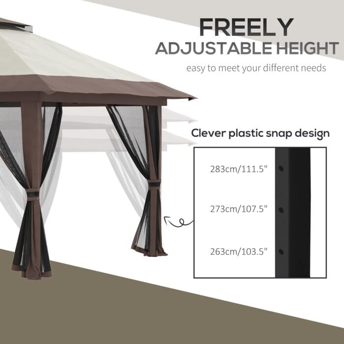 The gazebo featuring ground stakes and guy ropes for stability during use.