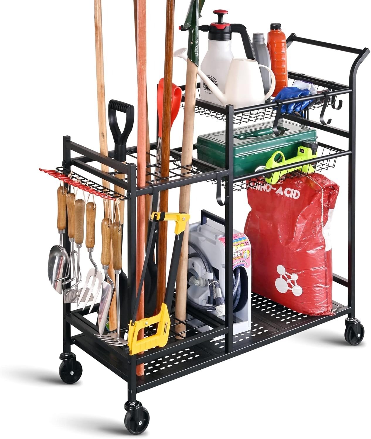 Garden Tool Organizer with Wheels PLKOW garden tools organizer with wheels, showing multiple storage compartments.