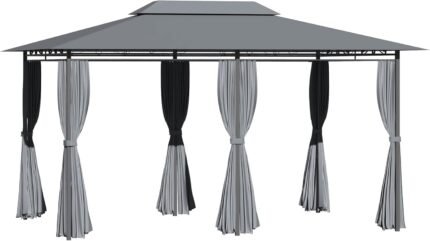 The Gazebo Canopy set up outdoors with double roof, steel frame, and curtains for patios and backyard gatherings.