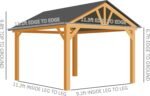 The wooden gazebo set up outdoors with galvanized steel roof and ceiling hook for patio use.