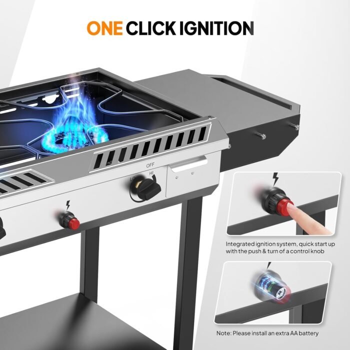 Spacious lower shelf on this outdoor cooking stove provides storage and convenience for outdoor cooking tasks.