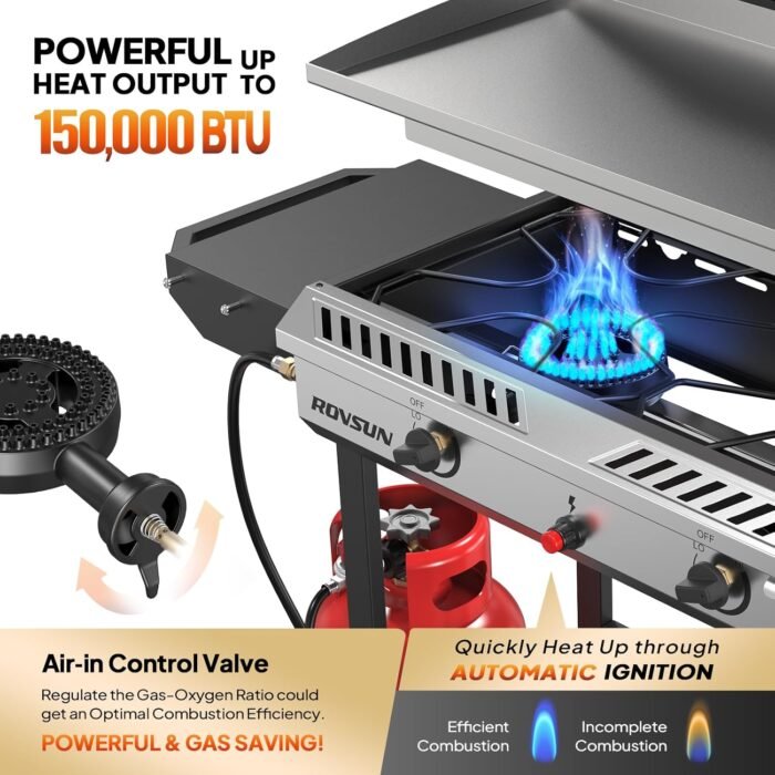 Enhanced mobility with all-terrain wheels on this outdoor cooking stove for backyard and camping use.