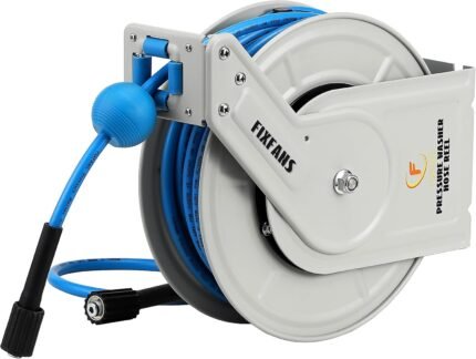 The heavy duty hose in use with a pressure washer for efficient cleaning.
