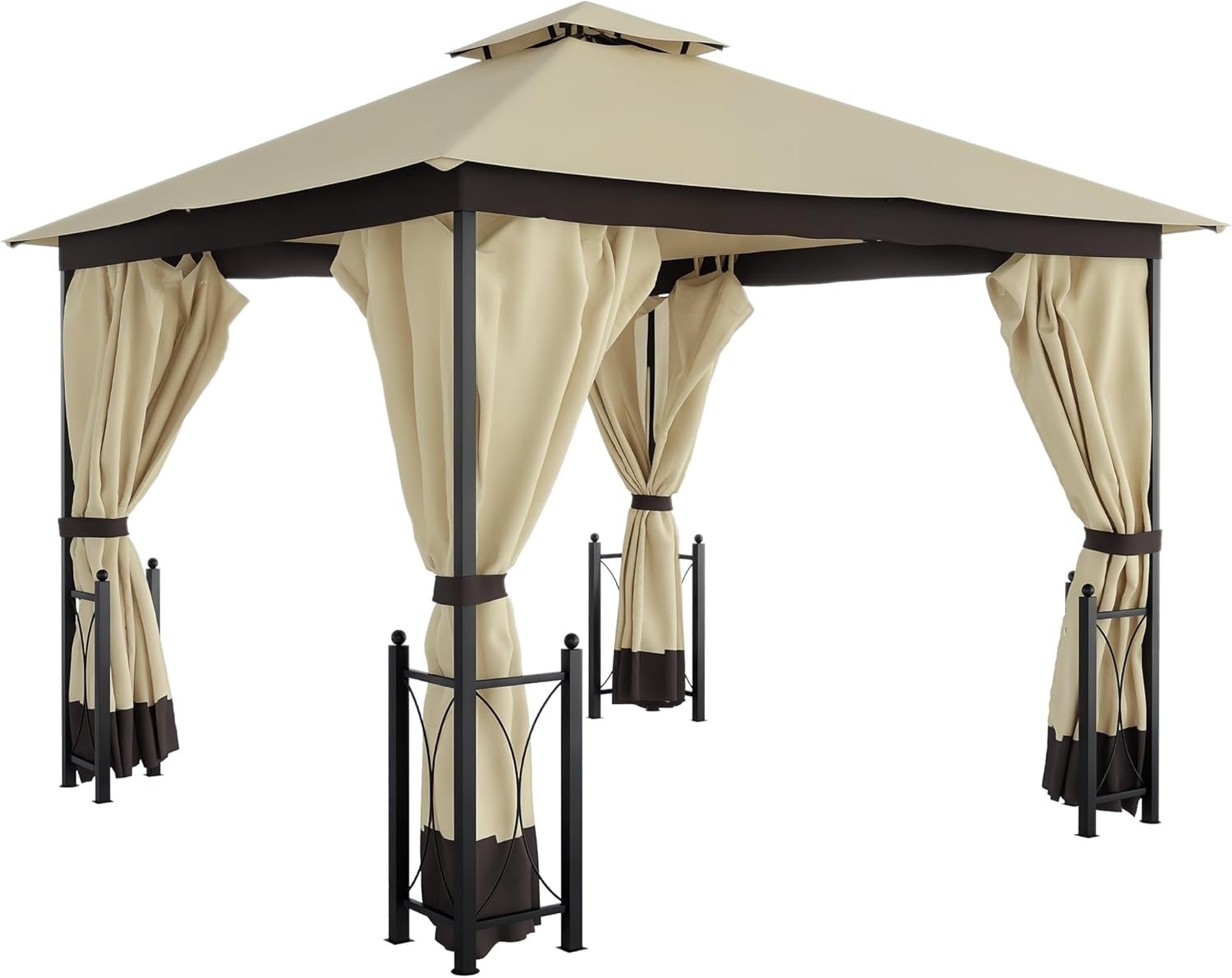 Outsunny 11x13 Outdoor Gazebo The outdoor gazebo set up outdoors with double roof, mesh netting, and curtains for shade and privacy.