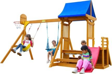 Fun swing set for kids with 6-in-1 design, including a wave slide, rock climbing wall, sandbox, and swings.