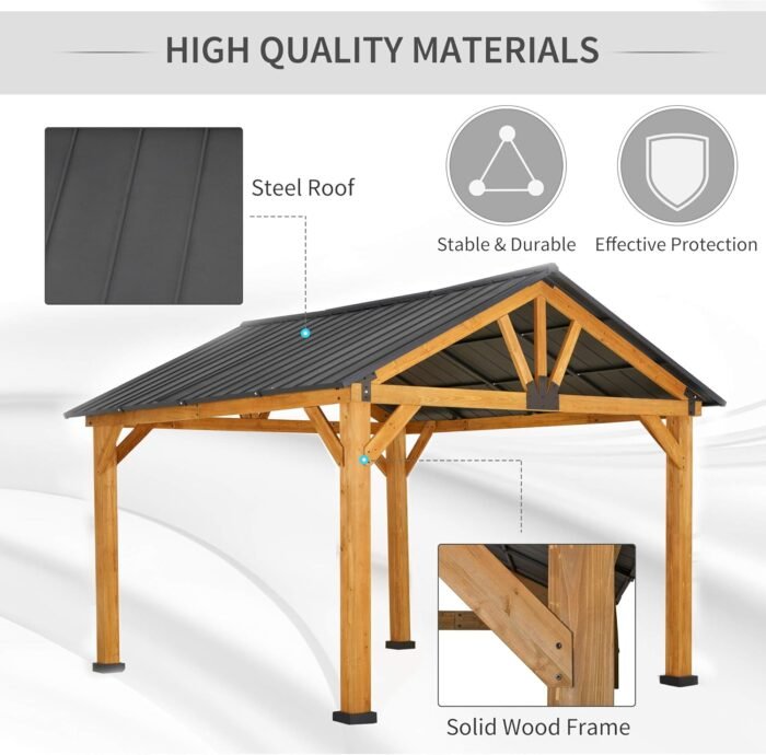 The wooden gazebo provides ample space for backyard parties or outdoor events.