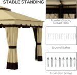 The outdoor gazebo features removable curtains and mesh netting to block insects and provide privacy.