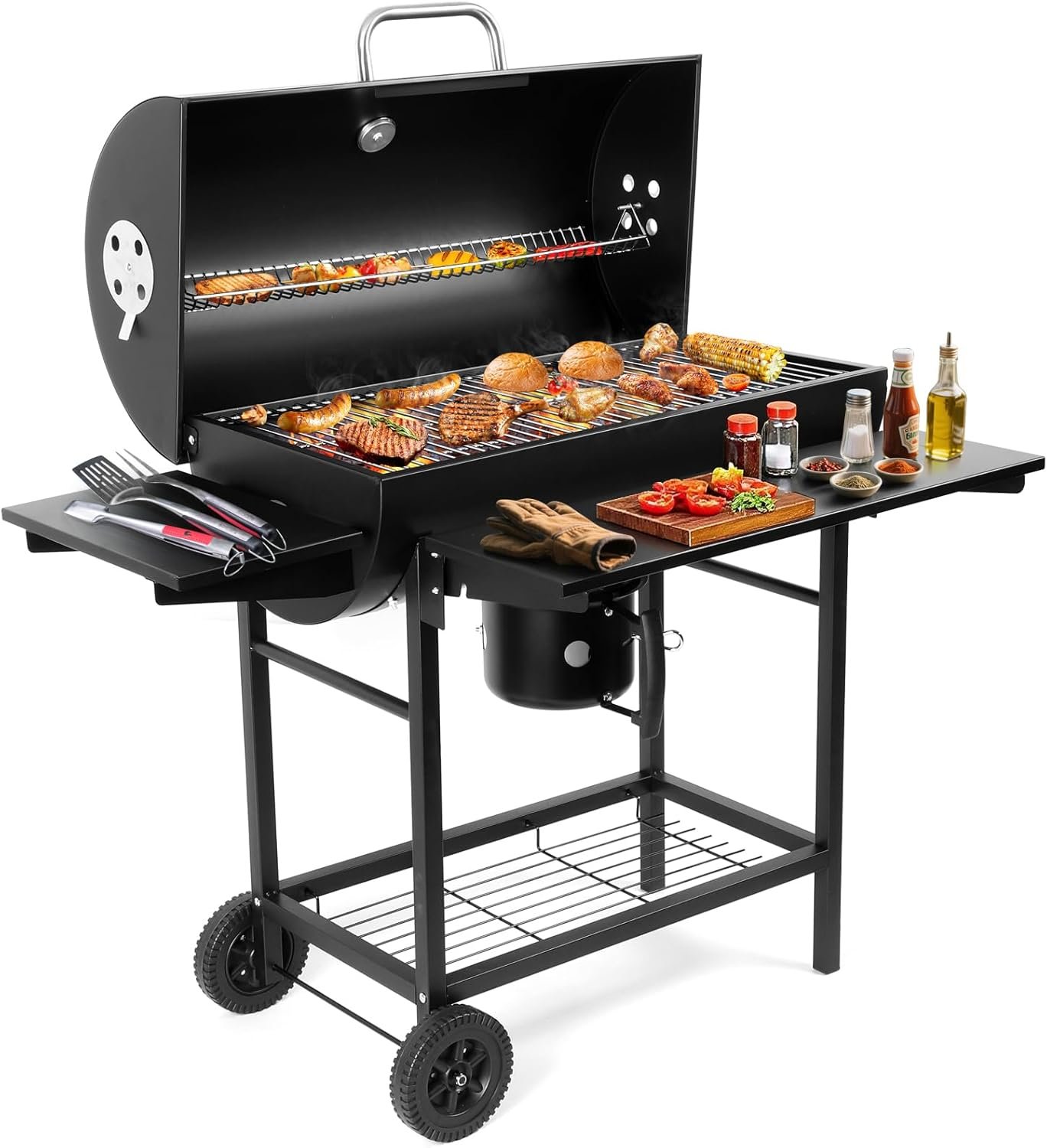 Charcoal BBQ Grill Overview Spacious outdoor cooking for BBQ barrel grill with dual burners, side table, and warming rack for backyard grilling.