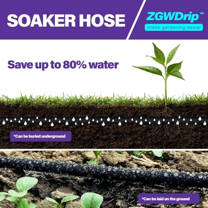 Close-up of the soaker garden hose featuring 3/4" solid brass connectors for leak-free use.