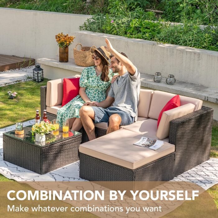 Elegant glass table included with the Sweetcrispy patio furniture set, perfect for drinks, food, or decorative items.