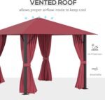10x10 Gazebo full view showing the wine red shelter installed in a backyard with the ground support stakes visible for stability.