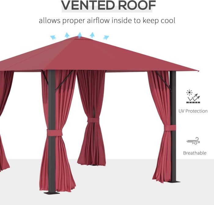10x10 Gazebo full view showing the wine red shelter installed in a backyard with the ground support stakes visible for stability.