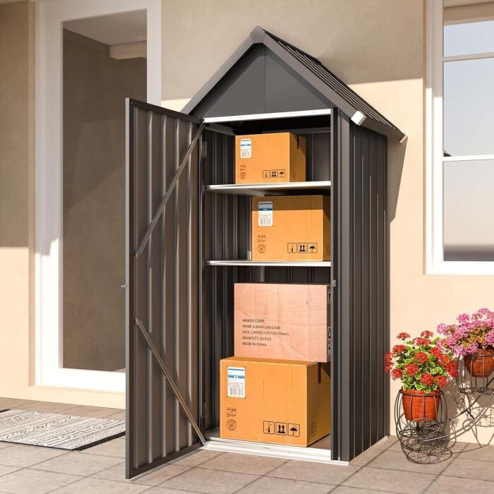 storage shed highlighting the waterproof design, fully enclosed structure, and sloping roof to prevent water buildup.