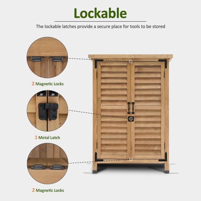 Garden cabinet image emphasizing the 4 raised feet and the 4 included metal nails for securing the unit on uneven lawn or patio ground.