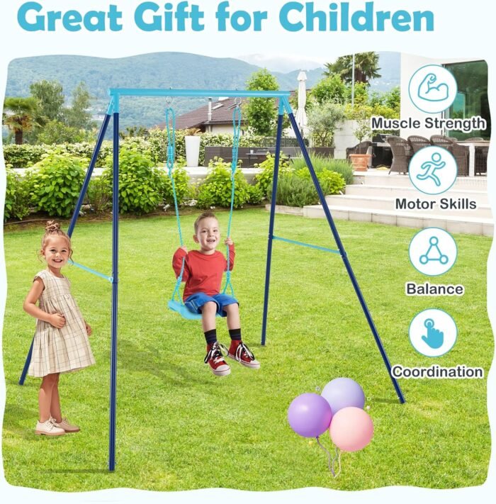 Swing set showcasing the adjustable rope length and durable, smooth U-shaped plastic seat.