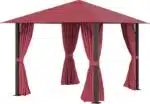 10x10 Gazebo full view showing the wine red shelter installed in a backyard with the ground support stakes visible for stability.